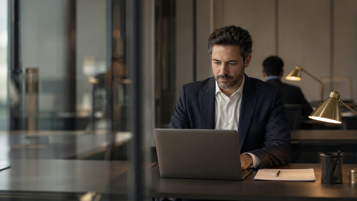 Focused professional taking a language certification exam