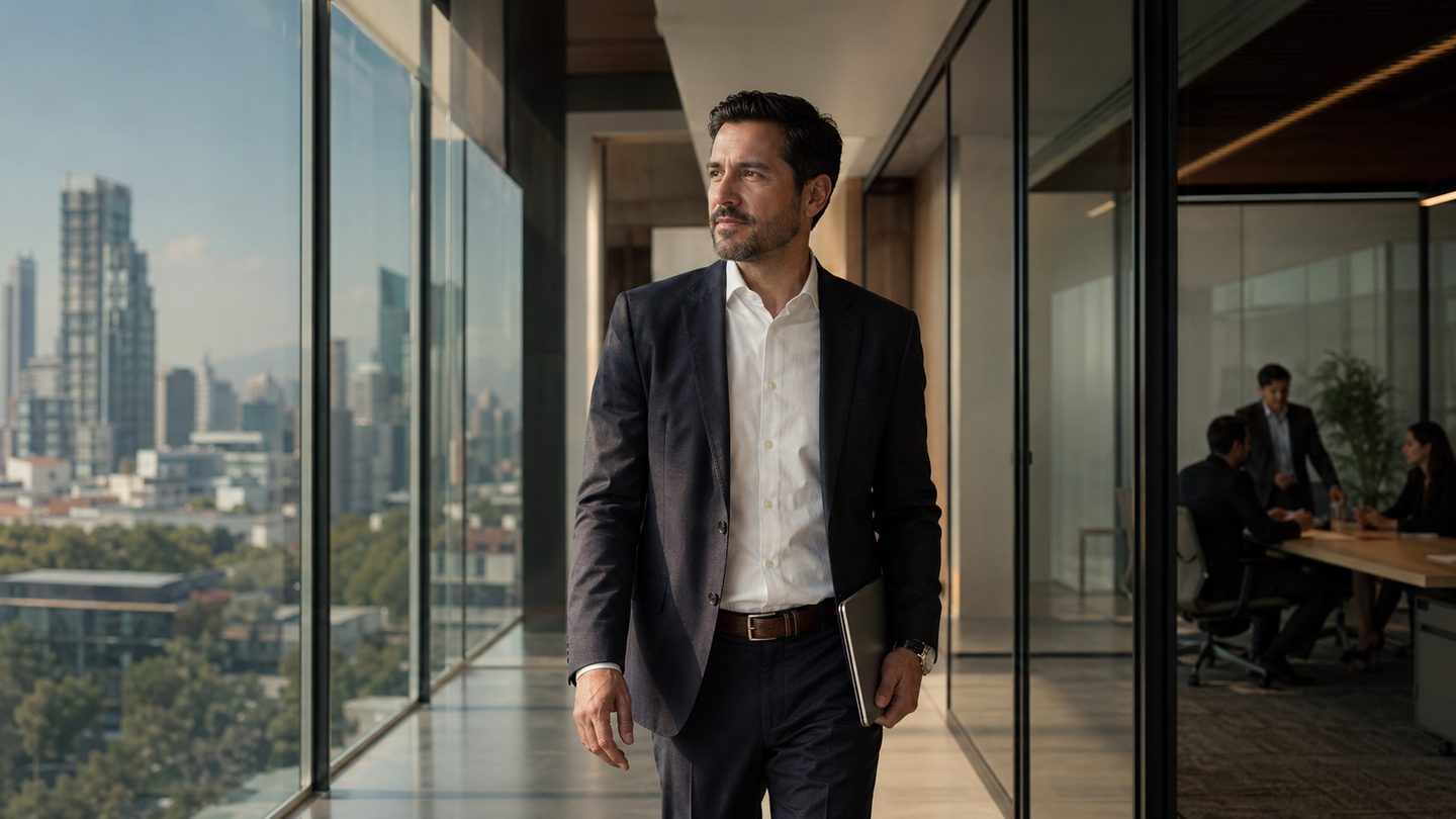 Confident professional walking through a glass office corridor