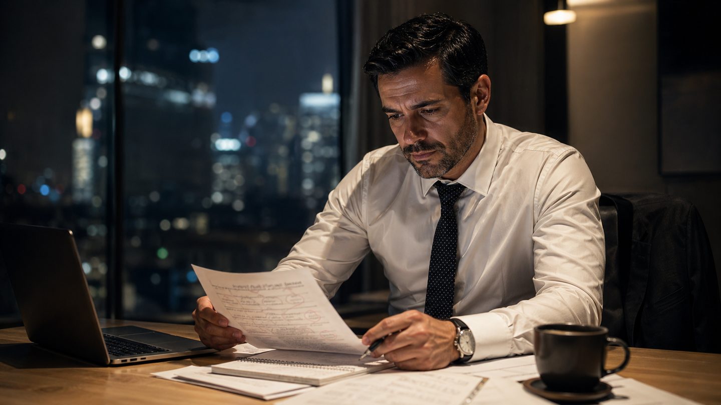Executive preparing notes under deadline pressure