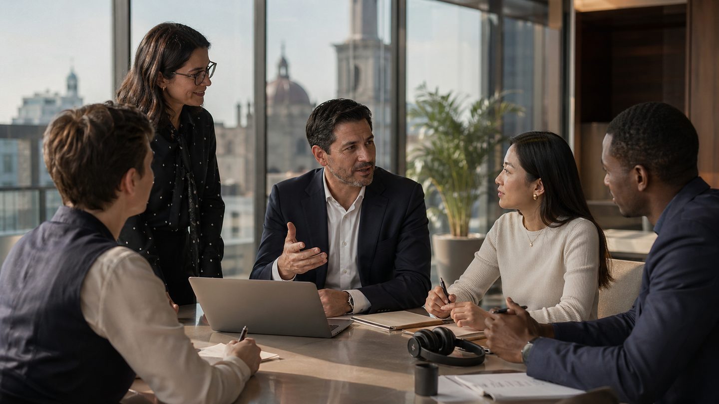 Multicultural professional team collaborating in a meeting room