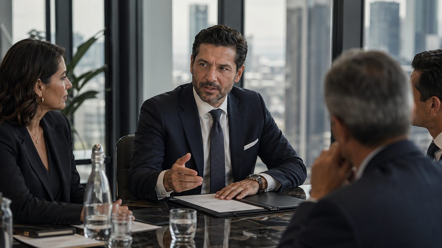 Executive leading a high-stakes boardroom negotiation