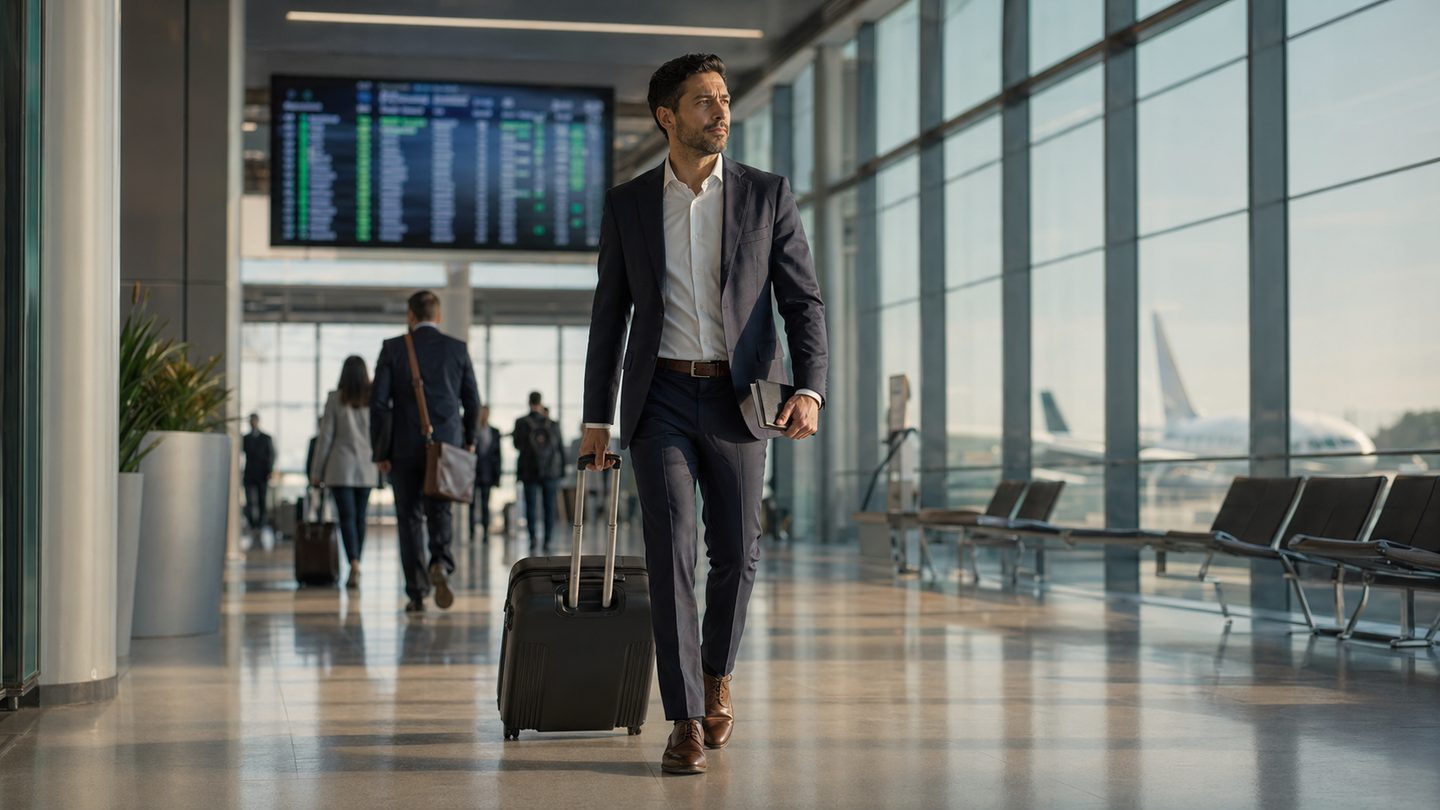Professional traveler walking through an international airport